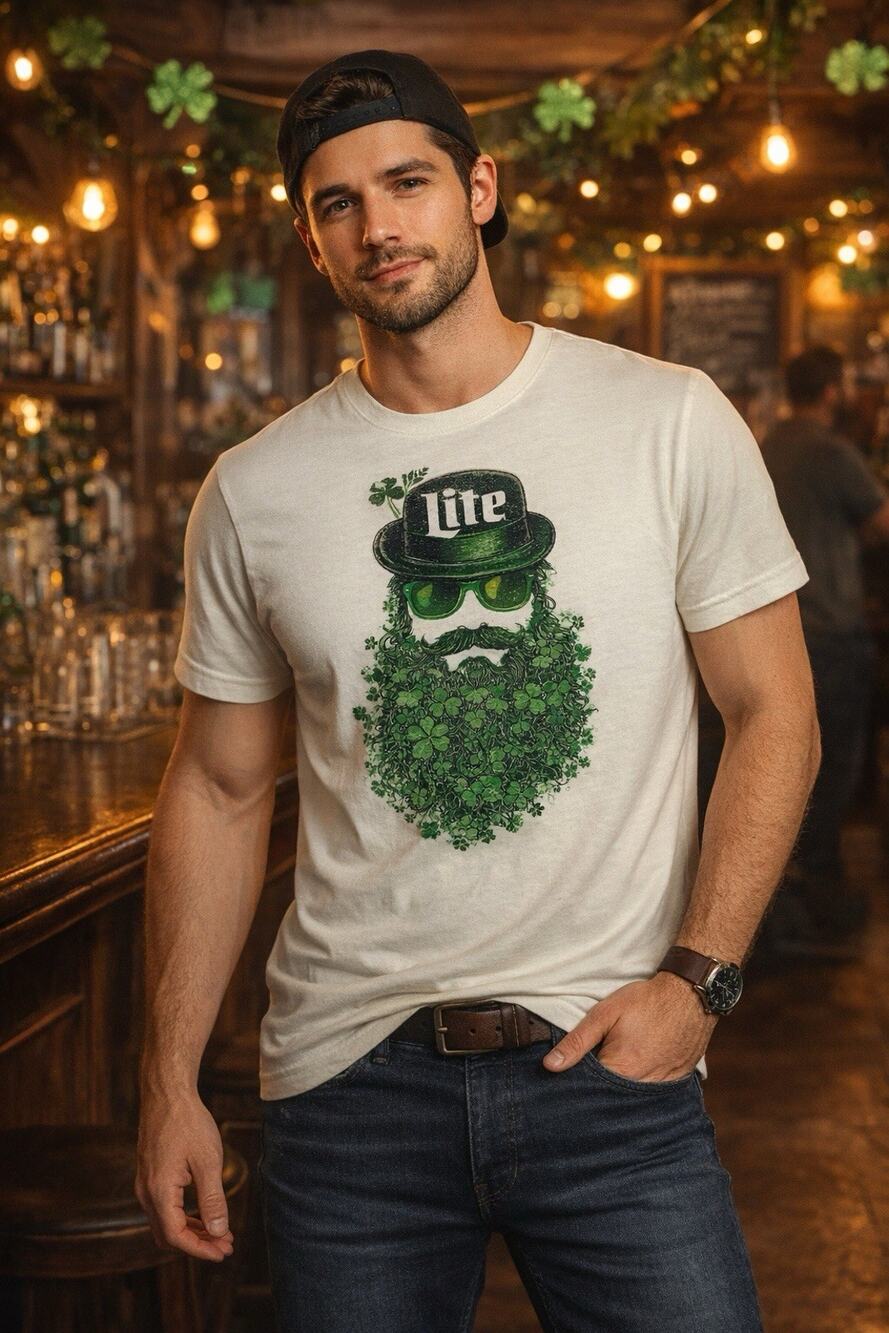 Lucky Brand T Shirt Mens Medium Miller Lite Graphic Cream Shamrock Beard NWT